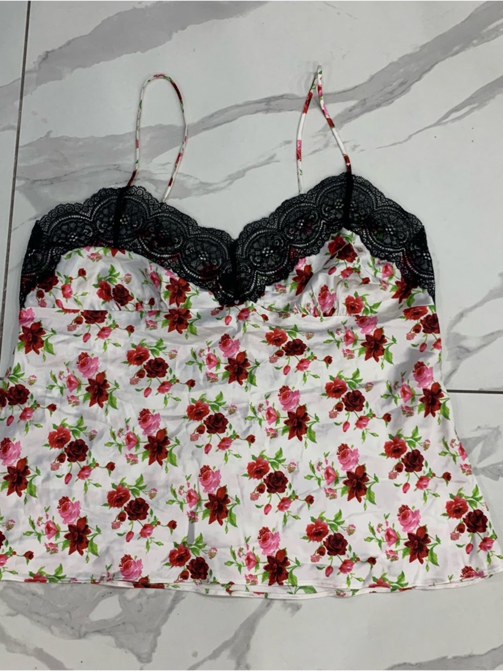 Victoria's Secret White Floral Satin Cami Women Sz large with Black Lace